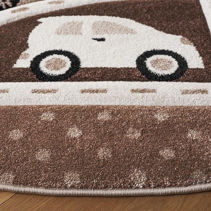 SAFAVIEH Carousel Kids Collection Area Rug - 6'7" Round, Brown & Beige, Non-Shedding & Easy Care, Ideal for High Traffic Areas for Boys & Girls in Playroom, Nursery, Bedroom (CRK193T)