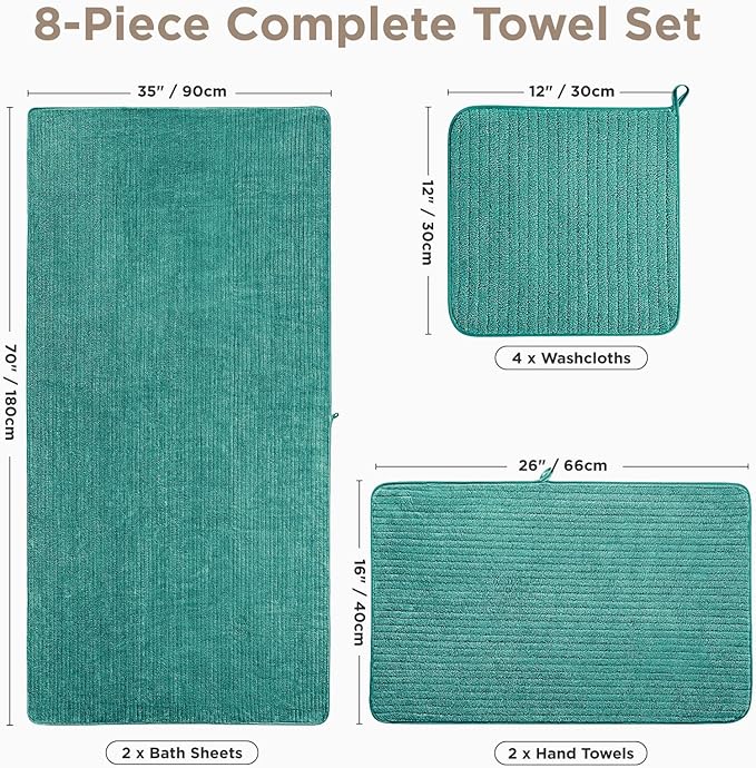 Oversized Bath Towels 8 Piece Towel Set, 2 Extra Large Bath Sheets, 2 Hand, 4 Washcloths, Luxury Soft Super Absorbent Thick Shower Towels for Bathroom, Spa & Hotel, Quick Dry, Teal Green