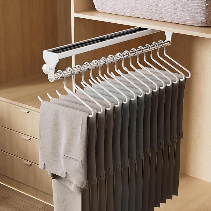 2 Pack Pull Out Closet Rod, 15.7inch Heavy Duty Pants Rack, Adjustable Clothes Hanger Rail, Space Aluminum Valet Rod, Top Mounted Wardrobe Clothes Organizer, Closet Storage for Trousers Coats White