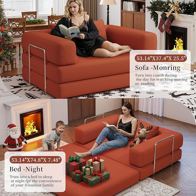 Folding Sofa Bed, 4 in 1 Convertible Sofas to Lounger Comfy Single Bean Bag Chair Floor Portable Foldable Sleeper Lazy Futon Couch Chair for Bedroom, Living Room (Orange, 53.15" Double Sofa)