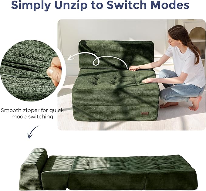 MAXYOYO 8" Folding Sofa Bed, Convertible Sleeper Sofa Lounger Foldable Mattress, Wedge Shape Floor Couch Tufted Fold Out Chair Bed Comfy Floor Couch Lounge for Living Room Bedroom, Single, Dark Green
