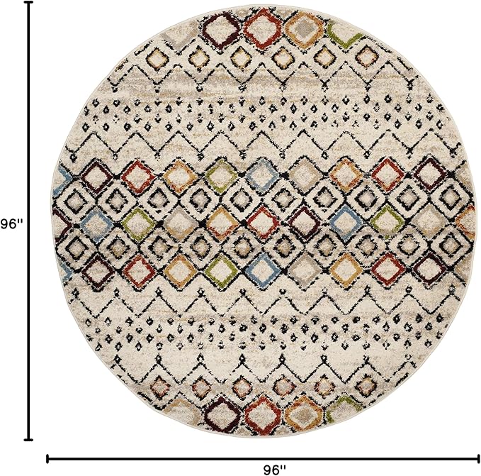 SAFAVIEH Amsterdam Collection 8' Round Ivory/Multi AMS108K Moroccan Boho Non-Shedding Living Room Bedroom Area Rug
