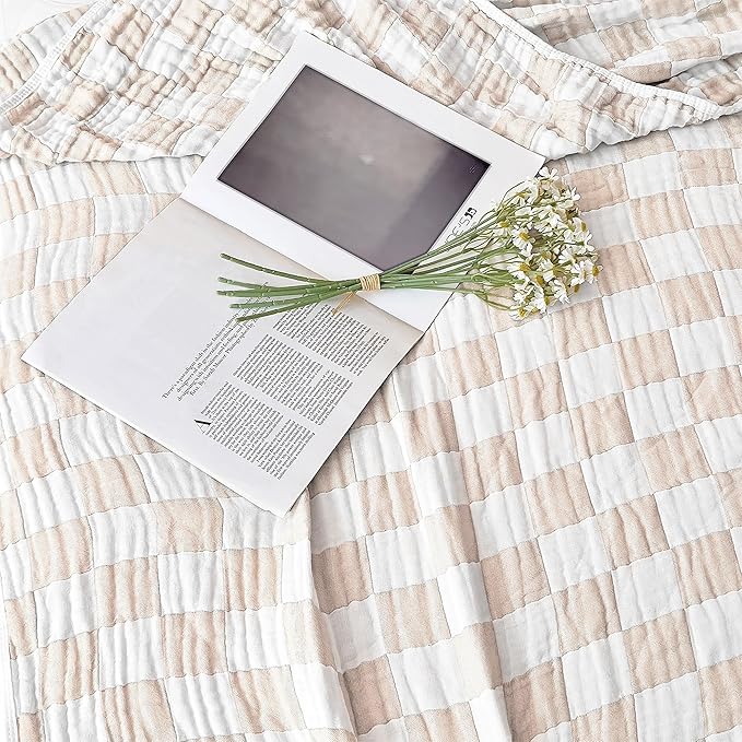 SANACYNA Queen Muslin Blankets for Adults 100% Cotton 6-Layer Gauze Cream Checkered Bed Blanket Lightweight Soft Breathable Blanket for Sofa Bed Coverlet (Cream, Queen 90" X 90")