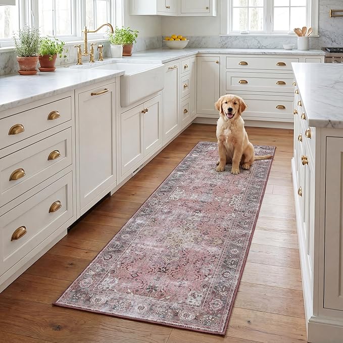 SAFAVIEH Washable Rug Tucson Collection - 2'6' x 8' Runner, Pink & Beige, Slip Resistant & Easy to Clean, Ideal for Hallway, Foyer, Entryway, Bedroom (TSN144U)