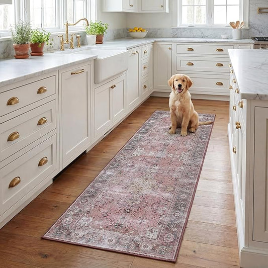 SAFAVIEH Washable Rug Tucson Collection - 2'6' x 8' Runner, Pink & Beige, Slip Resistant & Easy to Clean, Ideal for Hallway, Foyer, Entryway, Bedroom (TSN144U)