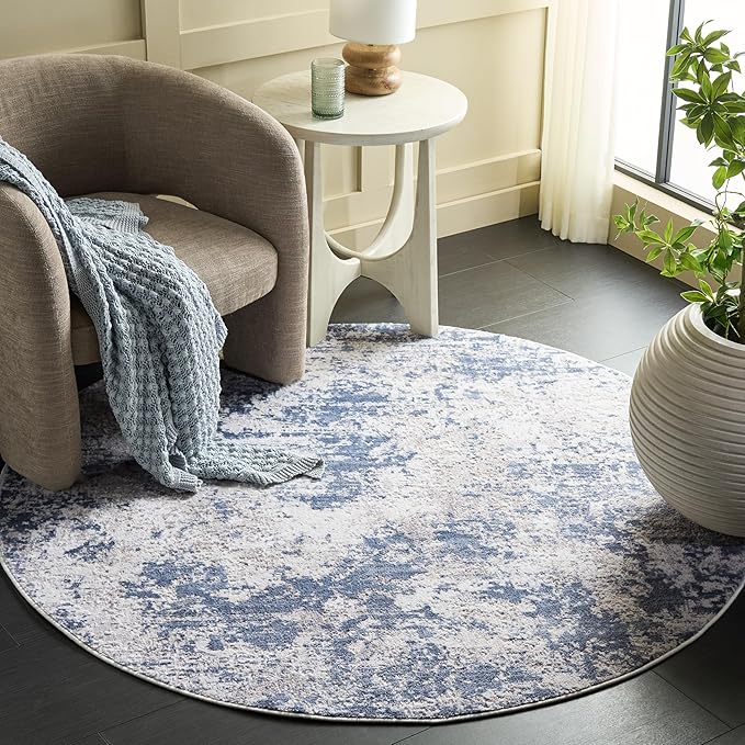 SAFAVIEH Amelia Collection Area Rug - 5'3" Round, Dark Blue & Grey, Modern Abstract Design, Non-Shedding & Easy Cleaning, Ideal for Living Room, Bedroom, Dining Space (ALA705M)