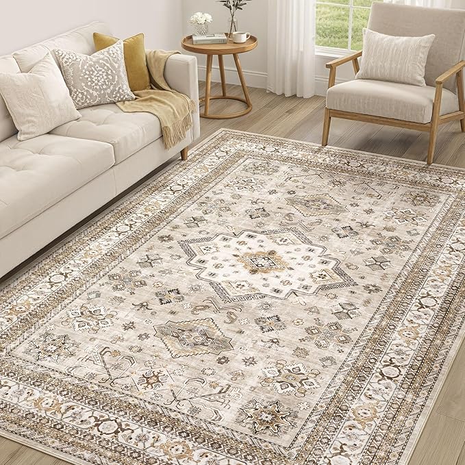 Vintage Living Room Area Rug 6x8 - Large Soft Washable Oriental Traditional Distressed Farmhouse Rugs for Bedroom - Indoor Floor Accent Carpet for Home Office House Decor - Beige