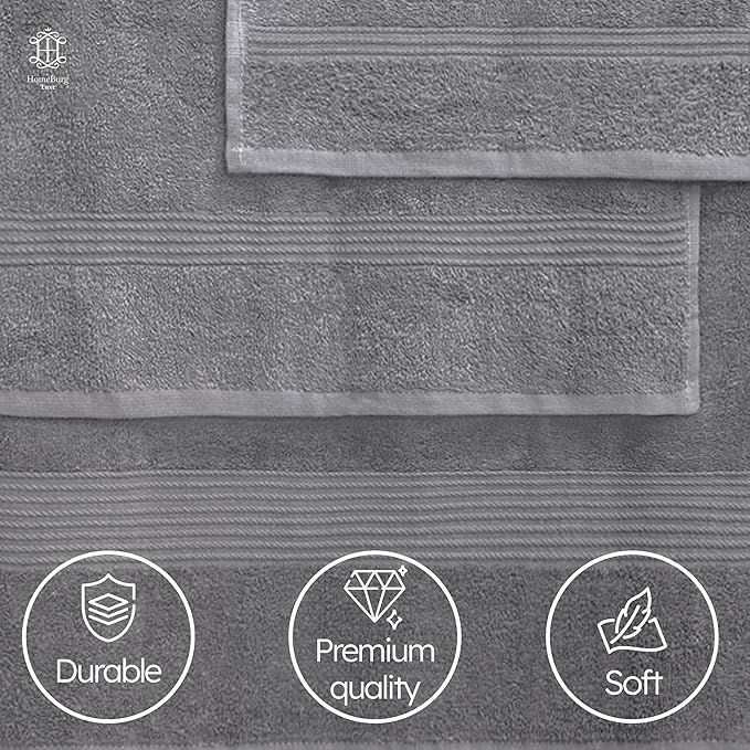 Luxe Set – Washcloths (30 x 30cm), Hand Towels (40 x 70cm) & Bath Towels (65 x 137 cm) – 100% Cotton, Soft, Absorbent, Easy Care, Versatile, (Stone Grey)