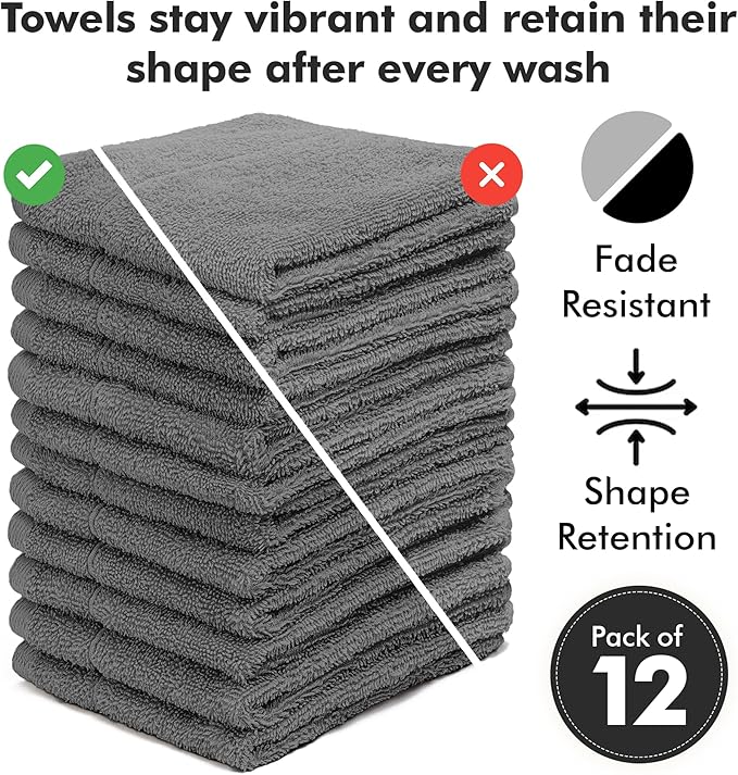 Face Towels Pack of 12 – 100% Cotton Wash Cloths (12x12 inch) – Soft, Quick Dry & Highly Absorbent Hand Towels for Bathroom, Spa, Gym, Kitchen and for Daily Use - (Dark Grey)