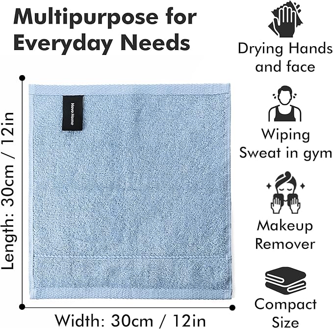 Face Towels Pack of 12 – 100% Cotton Wash Cloths (12x12 inch) – Soft, Quick Dry & Highly Absorbent Hand Towels for Bathroom, Spa, Gym, Kitchen and for Daily Use - (Sky Blue)
