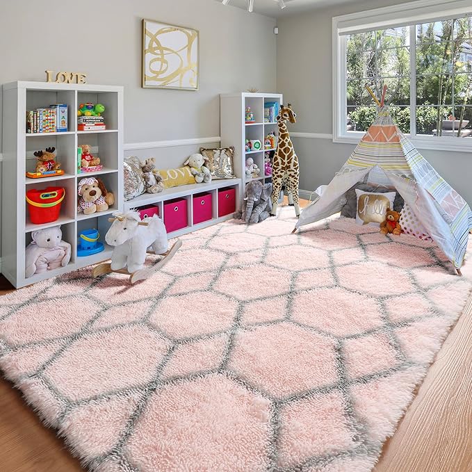ONASAR 6x9 Area Rugs for Living Room Bedroom, Large Fluffy Pink and Grey Throw Rug, Geometric Soft Plush Shaggy Fuzzy Floor Carpet for Nursery Kids Girls Boys Teen Dorm Home Office Decor