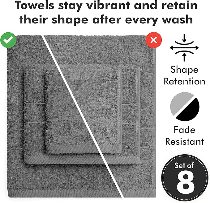 Bath Towels Set of 8 – 100% Cotton (Dark Grey) Bathroom Towel Set Bale Includes 2 Bath, 2 Hand, 4 Face Towels – Soft, Absorbent & Quick Dry Towel for Bathroom, Spa, Kitchen, Hotel Use