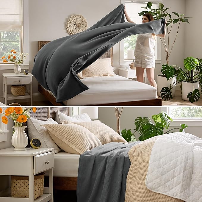Bedsure GentleSoft 100% Cotton Blanket Queen Size for Bed - Breathable and Lightweight, Soft Cozy Textured Herringbone Woven Blanket for Summer, Dark Grey, 90x90 inches
