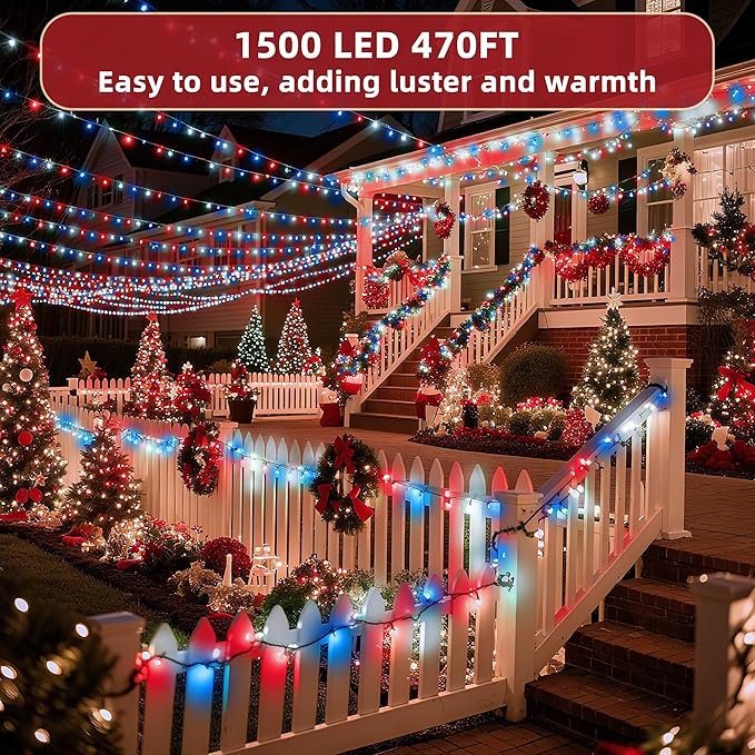 470ft Outdoor Christmas Lights, 1500 LED Super Long String Lights 12 Modes & Timer Memory, Dimmable Waterproof Light Strings for Xmas Tree Garden Wedding Party Holiday Decorations Red White & Blue