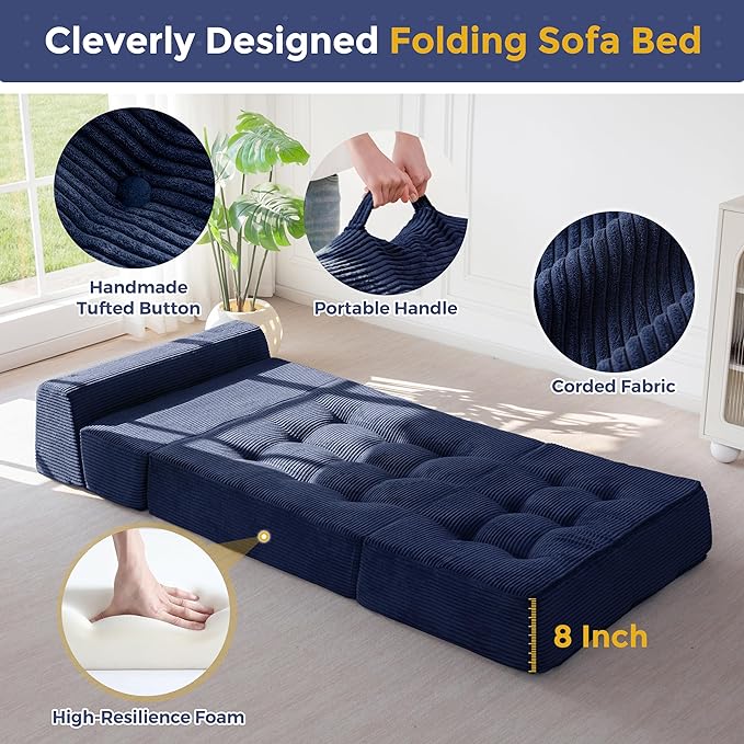 MAXYOYO 8" Folding Sofa Bed, Convertible Sleeper Sofa Lounger Foldable Mattress, Wedge Shape Floor Couch Tufted Fold Out Chair Bed Comfy Floor Couch Lounge for Living Room Bedroom, Single, Navy