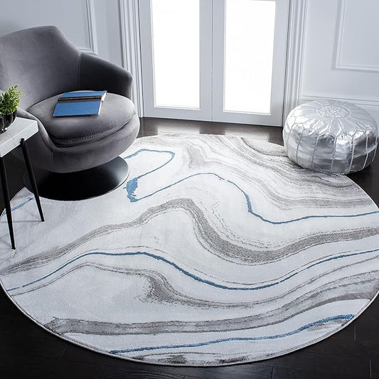 SAFAVIEH Craft Collection Area Rug - 9' Round, Grey & Blue, Modern Abstract Design, Ideal for High Traffic Areas in Living Room, Bedroom, Dining (CFT819N-9R)