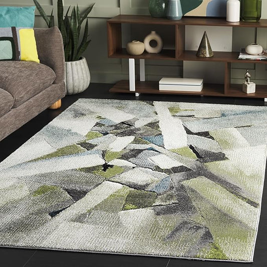 SAFAVIEH Porcello Collection Area Rug - 4' x 6', Green & Grey, Modern Abstract Pattern, Non-Shedding & Easy Care, Ideal for Living Room, Foyer, Bedroom (PRL6937Y-4)