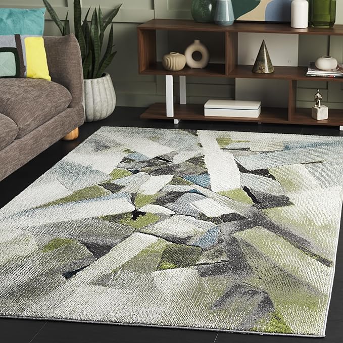 SAFAVIEH Porcello Collection Area Rug - 5'3" x 7'6", Green & Grey, Modern Abstract Pattern, Non-Shedding & Easy Care, Ideal for Living Room, Foyer, Bedroom (PRL6937Y-5)
