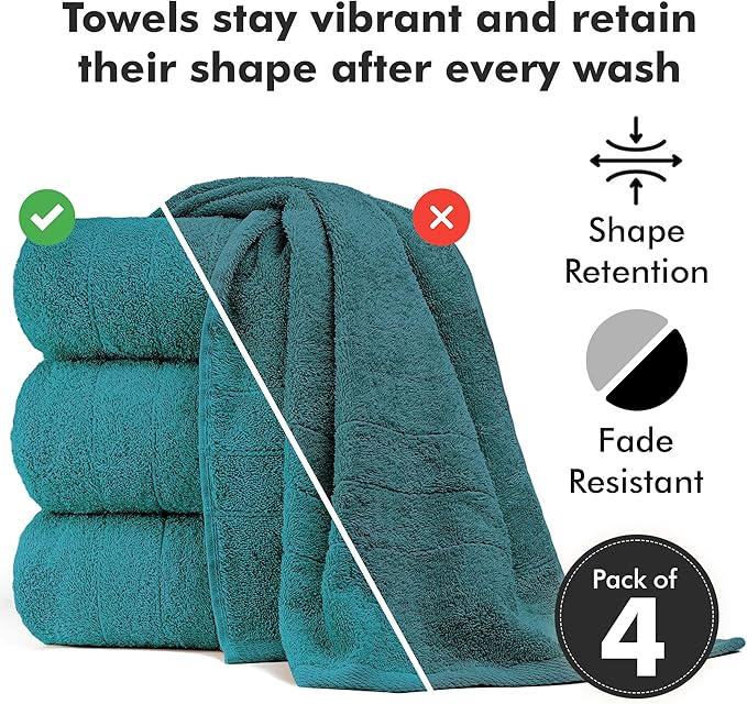 Bath Towels Set of 4 – 100% Cotton Teal Extra Large Towels for Bathroom, Spa Use (55x28 in) – Super Soft and Quick Dry Large Bath Sheets for Adults