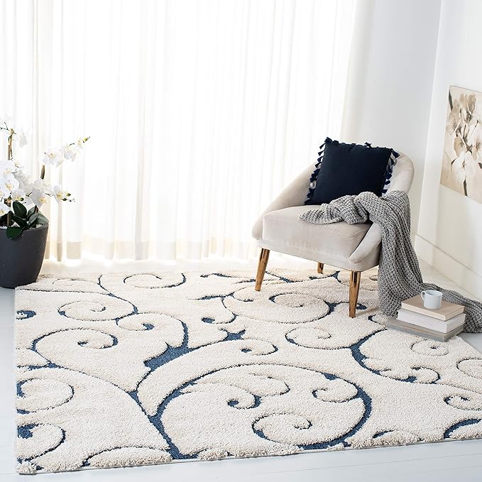 SAFAVIEH Florida Shag Collection Area Rug - 10' Square, Cream & Blue, Scroll Design, Non-Shedding & Easy to Clean, High-Low Plush Pile, Ideal for Living Room, Bedroom, Dining Space (SG455-1165)