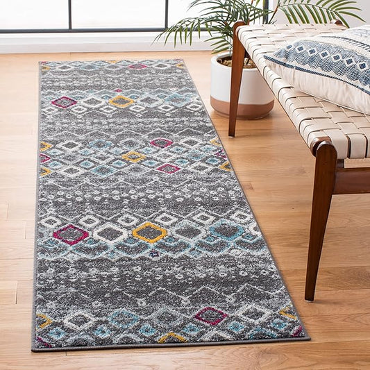SAFAVIEH Amsterdam Collection Runner Rug - 2'3" x 14', Dark Grey & Ivory, Moroccan Boho Design, Non-Shedding & Easy Care, Ideal for High Traffic Areas in Living Room, Bedroom (AMS108H)