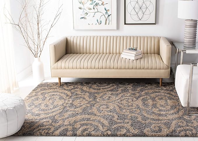 SAFAVIEH Florida Shag Collection Area Rug - 5' Square, Grey & Beige, Damask Design, Non-Shedding & Easy Care, 1.2-inch Thick Ideal for High Traffic Areas in Living Room, Bedroom (SG462-8013)