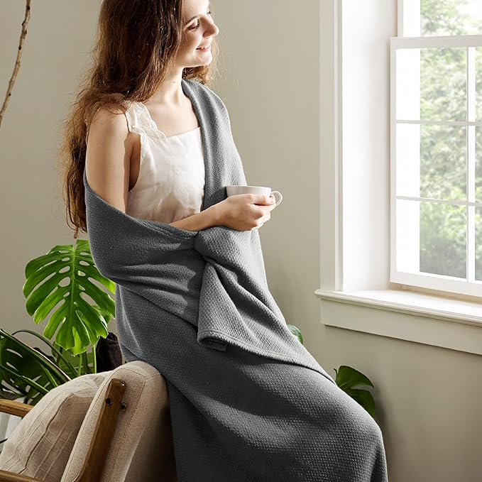 Bedsure GentleSoft 100% Cotton Large Throw Blanket for Couch 50x70 inches - Breathable and Lightweight, Soft Cozy Herringbone Woven Cotton Throw for Summer, Dark Grey Office Chair Blanket