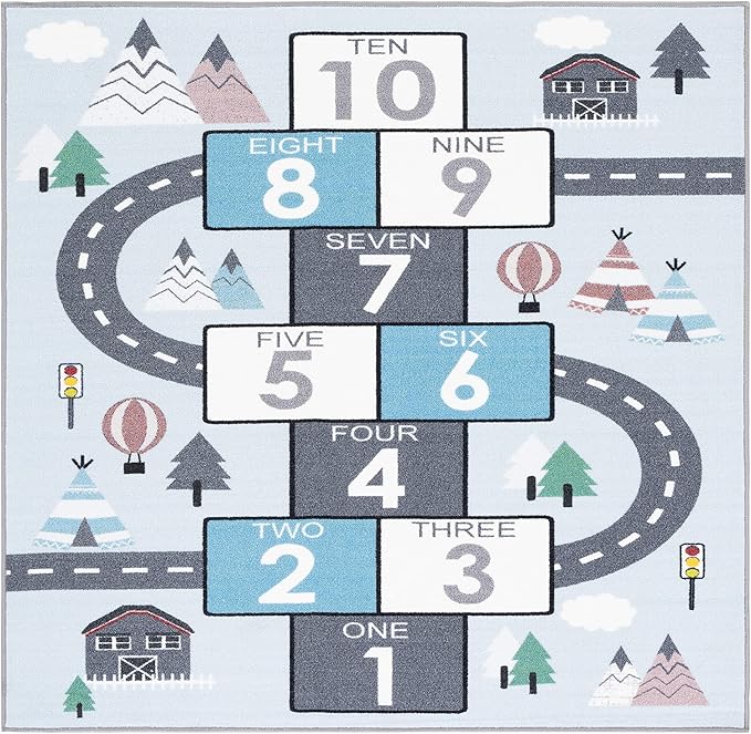 SAFAVIEH Washable Rug Kids Playhouse Collection - 5' Square, Grey & Blue, Slip Resistant & Easy to Clean, Ideal for Kids Room, Playroom, Nursery, Boys & Girls Room (KPH226F)