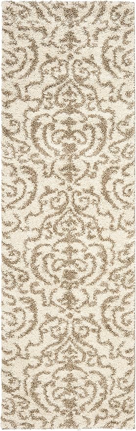 SAFAVIEH Florida Shag Collection Runner Rug - 2'3" x 7', Cream & Beige, Damask Design, Non-Shedding & Easy Care, 1.2-inch Thick Ideal for High Traffic Areas in Living Room, Bedroom (SG462-1113)