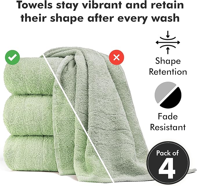 Bath Towels Set of 4 – 100% Cotton Light Green Extra Large Towels for Bathroom, Spa Use (55x28 in) – Super Soft and Quick Dry Large Bath Sheets for Adults