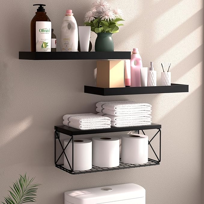 Floating Bathroom Shelves with Wire Storage Basket, Wall Mounted Shelf Over Toilet, 3+1 Tier Wall Decor Small 15.7 Inch Set of 3(Black)