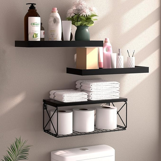 Floating Bathroom Shelves with Wire Storage Basket, Wall Mounted Shelf Over Toilet, 3+1 Tier Wall Decor Small 15.7 Inch Set of 3(Black)