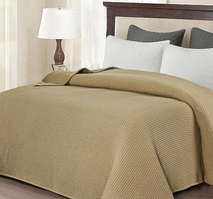 Bed & Bath Home Premium 100% Cotton Waffle Weave Blanket King Size – Soft Breathable Lightweight Comfort, Natural All-Season Bed Blanket, Easy-Care Bedspread for Bed & Couch (Khaki)