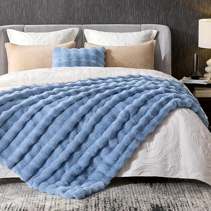 Cozy Bliss Faux Fur Bubble Throw for Couch, Fuzzy Soft Plush Thick Blanket for Sofa Bed Gift, 50x60 Inches Misty Blue