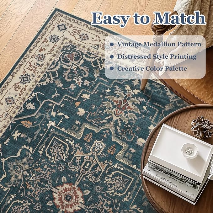 Vintage Round Rugs 6ft, Low Pile Thin Circle Area Rugs for Bedroom Living Room Washable Non Slip, Vintage Medallion Distressed Round Carpet for Kitchen Dining Room, Deep Blue/Multi