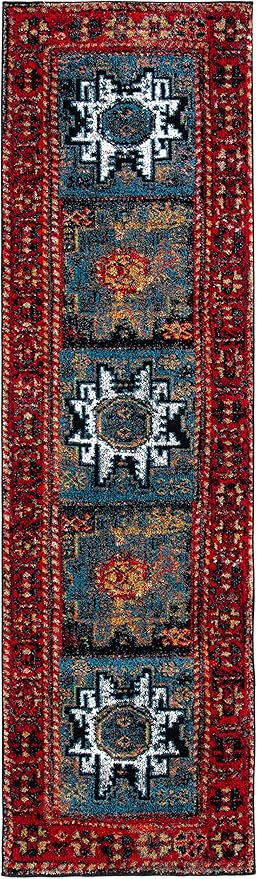 SAFAVIEH Vintage Hamadan Collection Runner Rug - 2'3" x 8', Red & Light Blue, Oriental Persian Design, Non-Shedding & Easy Care, Ideal for High Traffic Areas in Living Room, Bedroom (VTH213Q)