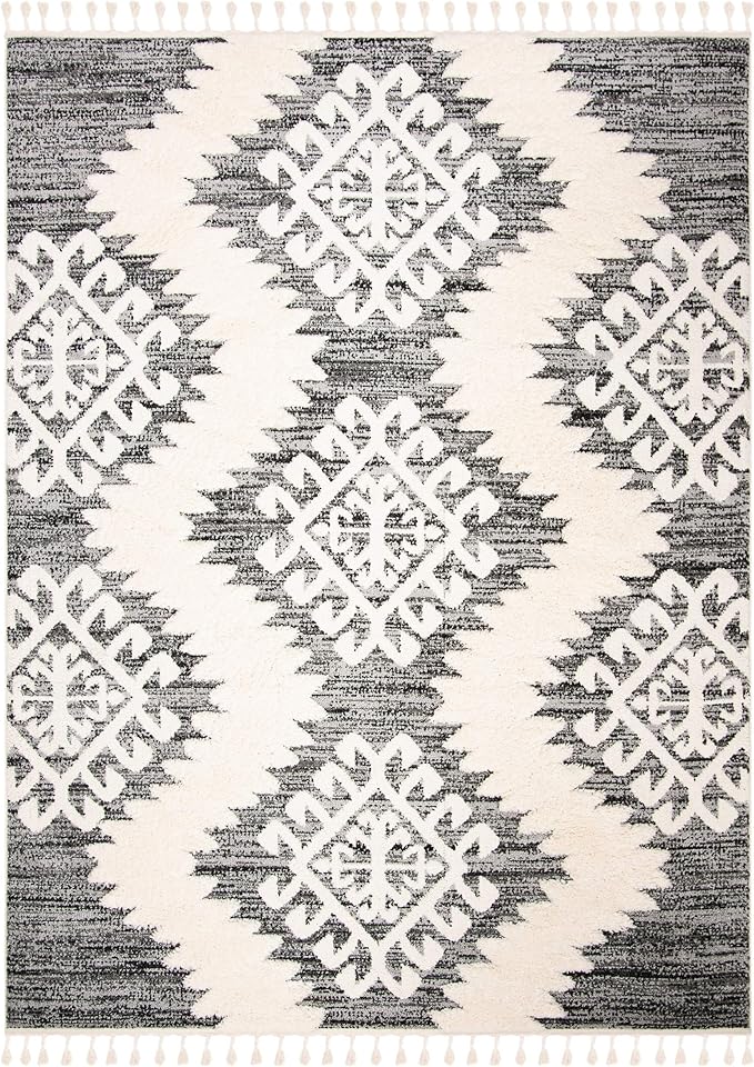 SAFAVIEH Moroccan Tassel Shag Collection Area Rug - 9' x 12', Ivory & Grey, Boho Design, Non-Shedding & Easy Care, 2-inch Thick Ideal for High Traffic Areas in Living Room, Bedroom (MTS652F)