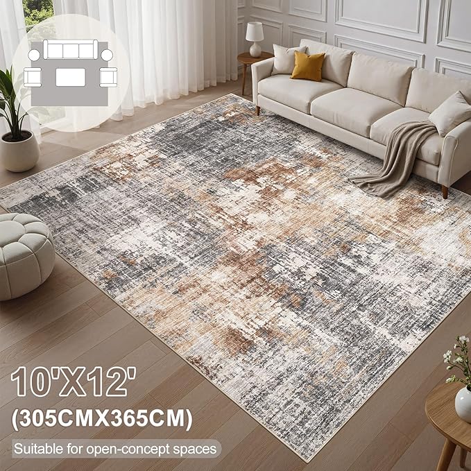 Area Rug Living Room Rugs - 10x12 Washable Large Soft Indoor Neutral Modern Abstract Low Pile Rug Carpet for Bedroom Dining Room Farmhouse Home Office - Grey Brown