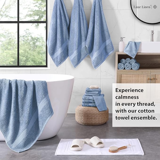 LANE LINEN 100% Cotton Bathroom Towels - 18 Piece Set - Super Soft, Quick Dry & Absorbent - 4 Bath, 8 Washcloths, 6 Hand Towels for Bathroom - Hotel Quality & Suitable for Family - Cerulean Blue