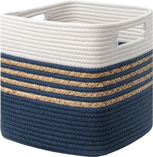 UBBCARE Storage Cubes 11 X 10.5 X 10.5 in, Water Hyacinth Storage Bins for shelves, Toys, Book, Storage Baskets with Handles, Cotton Rope Woven Baskets for Organizing, Navy Blue