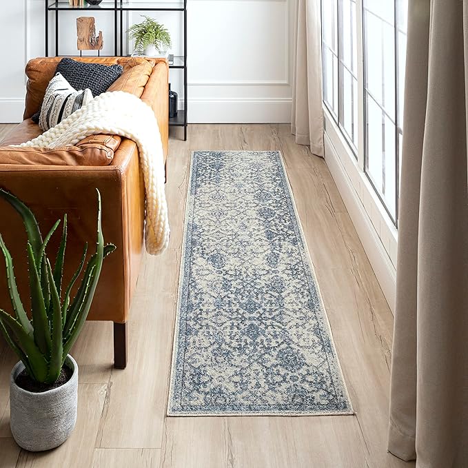 Mohawk Home Garrett Floral Ornamental Denim Blue 2' x 8' Area Rug Perfect for Living Room, Dining Room, Office