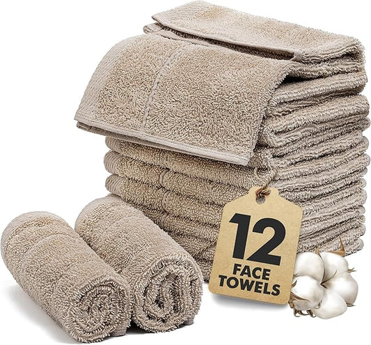 Face Towels Pack of 12 – 100% Cotton Wash Cloths (12x12 inch) – Soft, Quick Dry & Highly Absorbent Hand Towels for Bathroom, Spa, Gym, Kitchen and for Daily Use - (Beige)