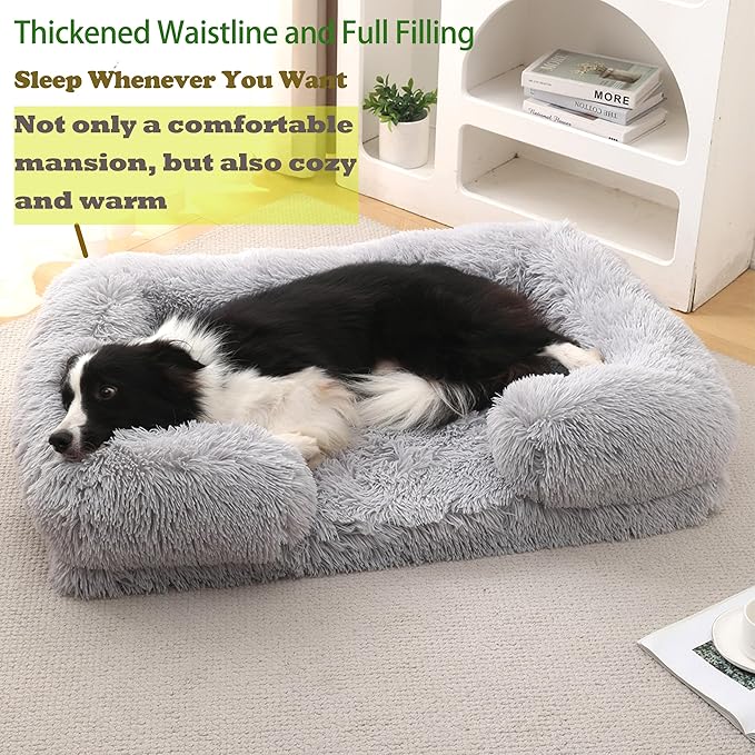 Orthopedic Dog Bed for Large Dogs - Washable Memory Foam Pet Sofa, Fluffy Plush Rectangular Bed, Waterproof Anti-Anxiety Couch, Light Gray, L