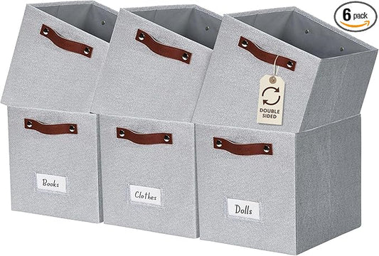 DECOMOMO Storage Bins, Cube Storage Bin with Labels, Fabric Storage Cubes for Shelves (11" / 6pcs, Light Texture Grey)