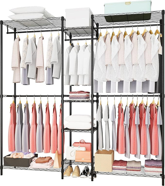 Heavy Duty Clothes Rack for Hanging Clothes, Metal Garment Rack，Large Capacity Portable Clothing Rack，Freestanding Open Wardrobe Organizer Rack, 67.0"L x 13.8"W x 75.6"H Max Load 720LBS, Black