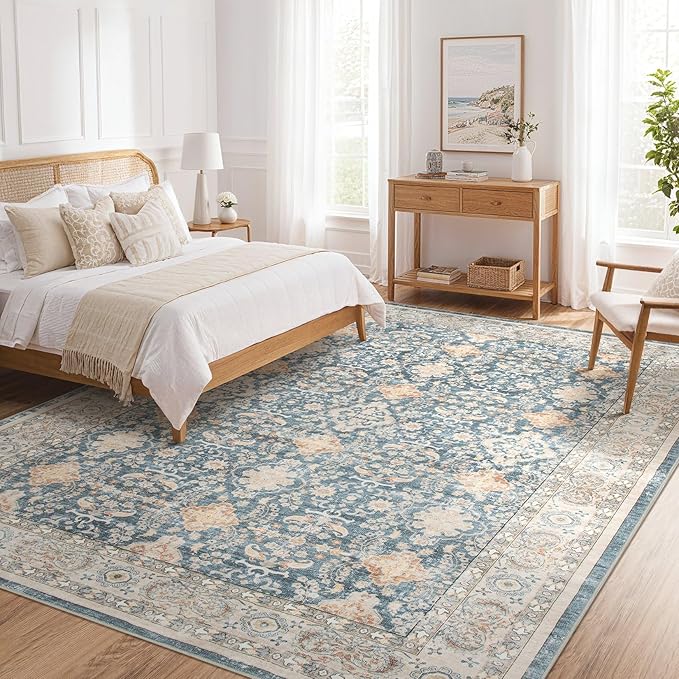 Vintage Living Room Area Rug 5x8 - Large Soft Washable Oriental Traditional Distressed Farmhouse Rugs for Bedroom - Indoor Floor Accent Carpet for Home Office House Decor - Dark Blue