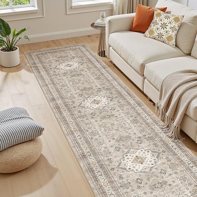 Vintage Hallway Runner Rug 2x10: Large Soft Washable Entryway for Kitchen Laundry Room Non-Slip Backing Runner for Entrance Living Room Bedroom Bathroom - Beige