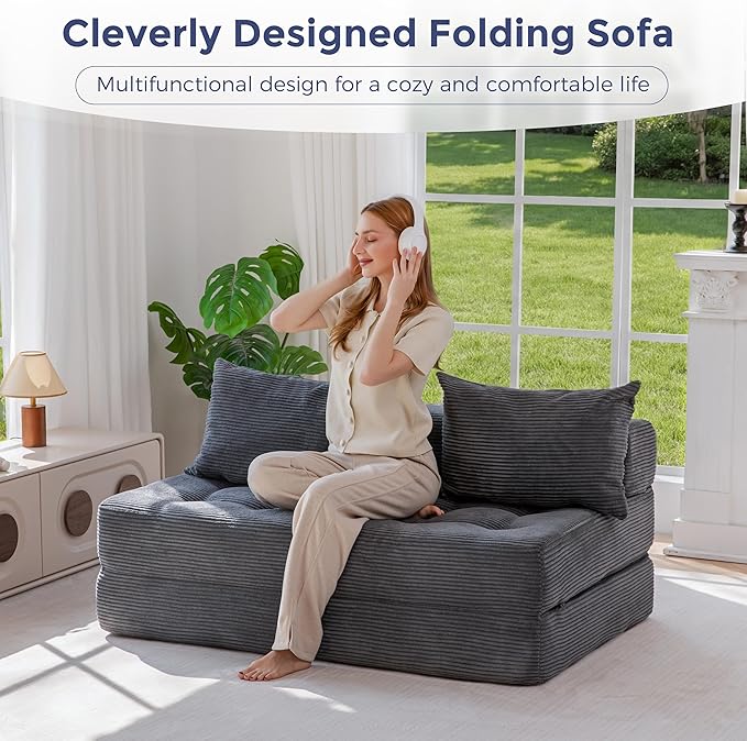 MAXYOYO Folding Sofa Couch, Convertible Floor Sleeper Couch with 2 Pillows, Tufted Floor Loveseat Couch Tufted Fold Out Chair Bed Comfy Sofa Lounge for Living Room Bedroom, Dark Grey