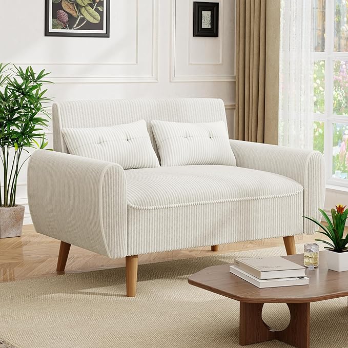 JAMFLY 47'' Small Loveseat Sofa, 2 Seat Compact Couch with Tapered Legs, White Upholstered Furniture, Solid Wood Frame, Comfy Foam Cushion, Easy Assembly for Small Spaces