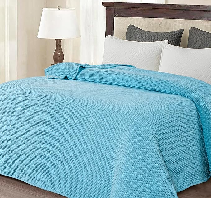 Bed & Bath Home Premium 100% Cotton Waffle Weave Blanket Twin Size – Soft Breathable Lightweight Comfort, Natural All-Season Bed Blanket, Easy-Care Bedspread for Bed & Couch (Blue)